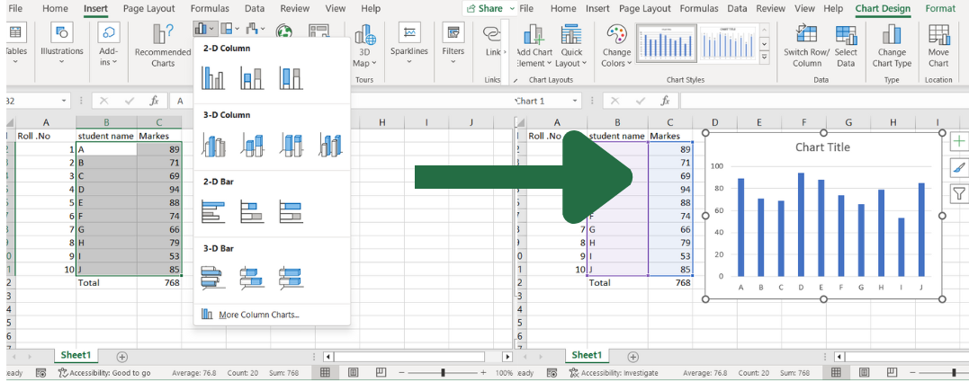 Example of using charts in Excel